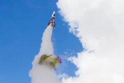 In this Saturday afternoon, Feb. 22, 2020, photo 'Mad' Mike Hughes rocket takes off, with what appears to be a parachute tearing off during its launch near Barstow, Calif. Hughes, a California man who said he wanted to fly to the edge of outer space to see if the world is flat or round has died after his home-built rocket blasted off into the desert sky and plunged back to earth. 'Mad' Mike Hughes, 64, was killed on Saturday after his rocket crashed.