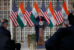President Donald Trump speaks with business leaders at a roundtable event at Roosevelt House, Tuesday, Feb. 25, 2020, in New Delhi, India.