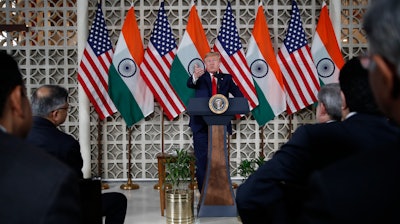 President Donald Trump speaks with business leaders at a roundtable event at Roosevelt House, Tuesday, Feb. 25, 2020, in New Delhi, India.