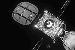 This Tuesday, Feb. 25, 2020 photo provided by Northrop Grumman shows the Intelsat 901 satellite as the Mission Extension Vehicle-1 approaches it in orbit around the Earth, bottom right.