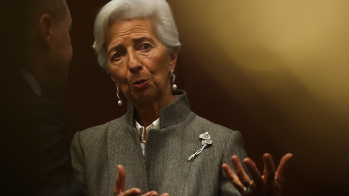 European Central Bank President Christine Lagarde talks to German Finance Minister Olaf Scholz during a meeting of European Union Finance Ministers in Eurogroup format at the Justus Lipsius building in Brussels, Monday, Feb. 17, 2020.