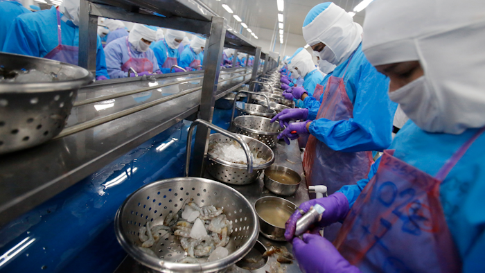 In this Aug. 23, 2016, file photo, workers peel shrimp at the Thai Union factory in Samut Sakhon, Thailand.