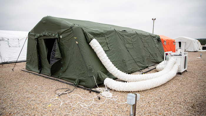 This photo provided by the U.S. Army shows large tents The 82nd Airborne Division has established to provide accommodations for up to 600 soldiers, shown March 17, 2020 at Fort Bragg, N.C. In one of Bragg's remote training areas, large tents have popped up over the last few days to house hundreds of 82nd Airborne Division troops that are returning to the base from Afghanistan and other Middle East deployments.