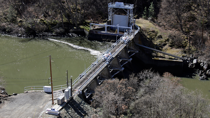 In this March 3, 2020, photo, a dam on the lower Klamath River known as Copco 2 is seen near Hornbrook, Calif.