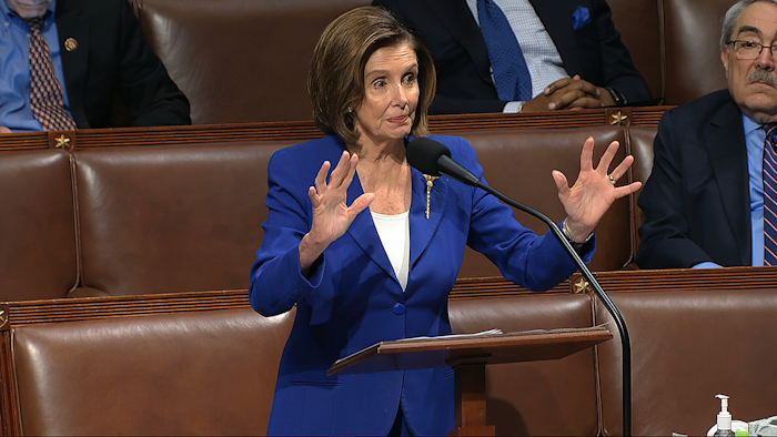 In this image from video, House Speaker Nancy Pelosi of Calif., speaks on the floor of the House of Representatives at the U.S. Capitol in Washington, Friday, March 27, 2020.