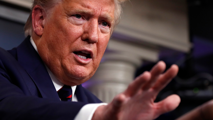President Donald Trump speaks about the coronavirus in the James Brady Press Briefing Room, Friday, March 27, 2020, in Washington.