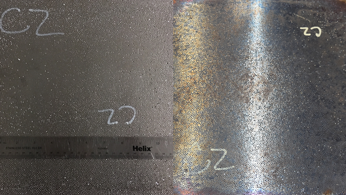 This image shows steel-steel composite metal foam samples before testing (left) and after 100 minutes exposure to 825C (right).