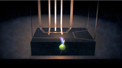 Artist's impression of how a nanometer-scale electrode is used to locally control the quantum state of a single nucleus inside a silicon chip.