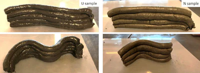 Tests to see the ability to form layers of a mixture of material with 3% urea (sample U) and another with 3% naphthalene, a common plasticizer (sample N).