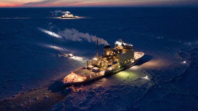 In this Friday, Feb. 28, 2020 photo provided by the Alfred-Wegener-Institute the icebreakers Kapitan Dranitysn, front, and Polarstern, rear, are pictured in the Arctic ice.