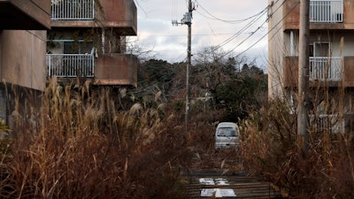 In this Dec. 3, 2019, file photo, weeds grow in an abandoned apartment complex, in Futaba, Fukushima prefecture, Japan.