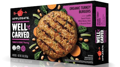 This photo provided by Applegate Farms shows Applegate Well Carved Organic Turkey Burgers, a line of meat-and-veggie burgers which the company is introducing at grocery stores next month.