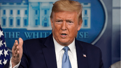 President Donald Trump speaks during a press briefing with the coronavirus task force, in the Brady press briefing room at the White House, Monday, March 16, 2020, in Washington.