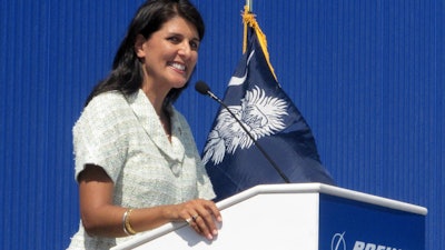 In this June 10, 2011 file photo former South Carolina Gov. Nikki Haley speaks during the dedication of Boeing Co.'s $750 million final assembly plant in North Charleston, S.C.