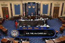 In this image from video, the final vote of 96-0 shows passage of the $2.2 trillion economic rescue package in response to coronavirus pandemic, passed by the Senate at the U.S. Capitol in Washington, Wednesday, March 25, 2020.