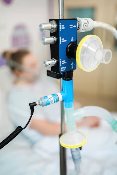 In this Friday, March 27, 2020 photo provided by UCLH,University College London Hospital a view of a CPAP device at UCL Hospital in London. Formula One team Mercedes has helped to develop a breathing aid that could keep coronavirus patients out of intensive care and ease some pressure on Britain’s strained health service. Mercedes worked with engineers at the University College London and clinicians at University College London Hospital in a combined effort involving seven Britain-based teams to adapt and improve a device that bridges the gap between an oxygen mask and the need for full ventilation.