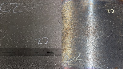 This image shows steel-steel composite metal foam samples before testing (left) and after 100 minutes exposure to 825C (right).