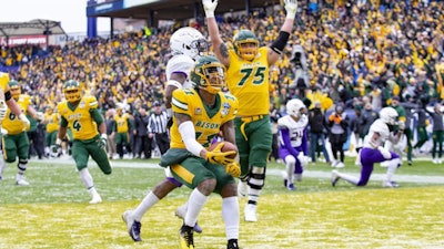 North Dakota State wide receiver Phoenix Sproles (11) after scoring a touchdown in the FCS championship game Frisco, Texas, Jan. 11, 2020.
