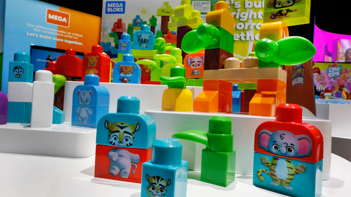 Mega Bloks, by Mattel, are displayed at Toy Fair New York, in the Javits Convention Center, Monday, Feb. 24, 2020. From Baby Yoda to eco-friendly stacking rings, toymakers displayed an array of goods that they hope will be on kids' wish lists for the holiday 2020 season.
