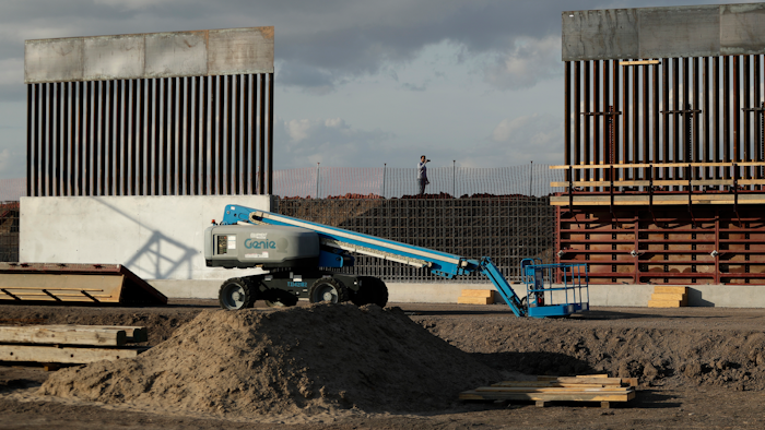 In this Nov. 7, 2019, file photo, the first panels of levee border wall are seen at a construction site along the U.S.-Mexico border, in Donna, Texas.