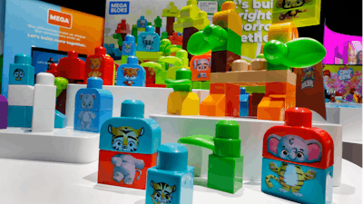 Mega Bloks, by Mattel, are displayed at Toy Fair New York, in the Javits Convention Center, Monday, Feb. 24, 2020. From Baby Yoda to eco-friendly stacking rings, toymakers displayed an array of goods that they hope will be on kids' wish lists for the holiday 2020 season.