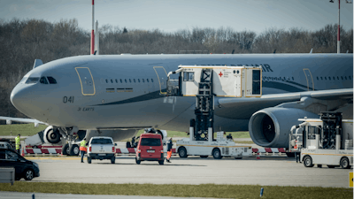 An Airbus A330 of the French Air Force is on display at the Airport of Hamburg, Germany, Tuesday, March 31, 2020.