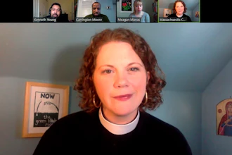 In this April 2, 2020, frame from a Zoom video, the Rev. Laura Everett in Boston delivers a sermon for Boston’s First Baptist Church. As Everett delivered a previous sermon, a user who had seen the church service advertised entered the video conferencing session and shouted homophobic and racist slurs. Everett said she had tweeted the link to the sermon because she wanted “the doors of the church to be open to every weary soul who is looking for a word of comfort.”