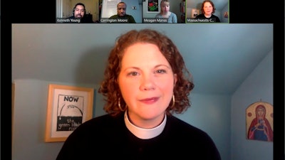 In this April 2, 2020, frame from a Zoom video, the Rev. Laura Everett in Boston delivers a sermon for Boston’s First Baptist Church. As Everett delivered a previous sermon, a user who had seen the church service advertised entered the video conferencing session and shouted homophobic and racist slurs. Everett said she had tweeted the link to the sermon because she wanted “the doors of the church to be open to every weary soul who is looking for a word of comfort.”