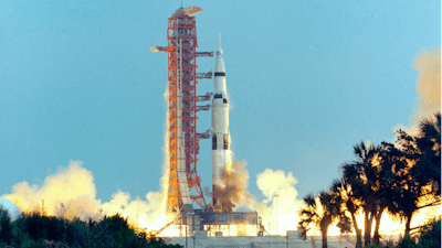 In this April 11, 1970 photo made available by NASA, the Saturn V rocket carrying the crew of the Apollo 13 mission to the moon launches from the Kennedy Space Center in Florida.