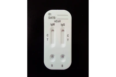 This April 9, 2020, photo provided by 20/20 Genesystems, Inc., shows an individual test cartridge of a test for the new coronavirus. It contains two separate test strips, one for each antibody. The company's test is registered on the FDA website and includes mandatory disclaimers, including that it has not been approved by U.S. regulators.