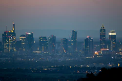The buildings of the banking district are seen in Frankfurt, Germany, early Tuesday, April 14, 2020. Due to the coronavirus the economy expects worldwide heavy losses.