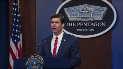 Defense Secretary Mark Esper during a news conference about the COVID-19 pandemic, Pentagon Briefing Room, Washington, March 23, 2020.