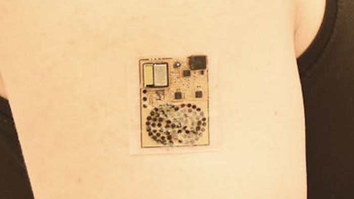 The sweat-powered biofuel cells in this electronic skin provide enough electricity to power biological sensors and transmit the information wirelessly to other devices.