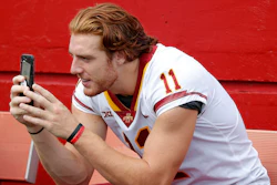 In this Aug. 7, 2018, file photo, Iowa State tight end Chase Allen takes a photo with his cell phone during Iowa State's annual NCAA college football media day in Ames, Iowa.