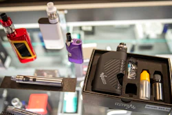 In this Thursday, Jan. 2, 2020 file photo, vaping devices are displayed at a store in New York. On Thursday, April 23, 2020, the U.S. Food and Drug Administration said that a federal court accepted its request to push back the May 12 deadline to submit vaping product applications to Sept. 9. The agency said the COVID-19 pandemic has delayed preparations to meet the deadline for both companies and FDA staff.