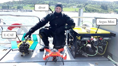 Mobile camera (GoPro3) platforms: the flipper-propelled U-CAT robot (left), human diver and the thruster-driven Argus Mini ROV (right).