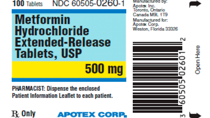This image made available by the U.S. Food and Drug Administration on Thursday, May 28, 2020 shows a label for the drug metformin.