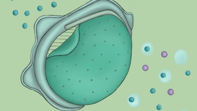 A replaceable nanoporous membrane, illustrated above, attached to an N95 mask filters out particles the size of SARS-CoV-2 (purple circles), allowing only clean air (blue circles) through.