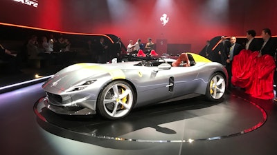 In this Sept. 18, 2018 file photo, the Ferrari Monza SP1 car is displayed in Maranello, Italy. Luxury sports carmaker Ferrari on Monday, May 4, 2020, significantly lowered full-year earnings guidance due to the COVID-19 pandemic, but acknowledged that the new outlook assumes a sharp recovery in the second half of the year.
