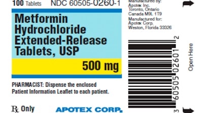 This image made available by the U.S. Food and Drug Administration on Thursday, May 28, 2020 shows a label for the drug metformin.