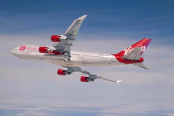 A Virgin Orbit Boeing 747 with a rocket slung beneath its port wing, April 12, 2020.