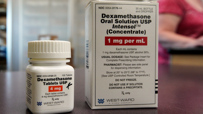 Packages of Dexamethasone are displayed in a pharmacy, Tuesday, June 16, 2020, in Omaha, Neb. Researchers in England said Tuesday they have the first evidence that the drug can improve COVID-19 survival. The cheap, widely available steroid called dexamethasone reduced deaths by up to one third in severely ill hospitalized patients.