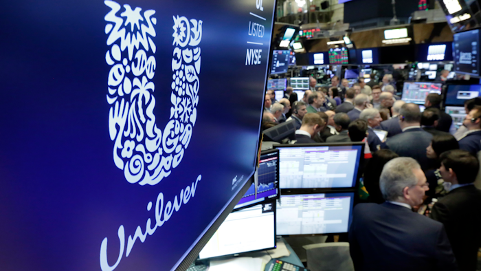 In this Thursday, March 15, 2018 file photo, the logo for Unilever appears above a trading post on the floor of the New York Stock Exchange.