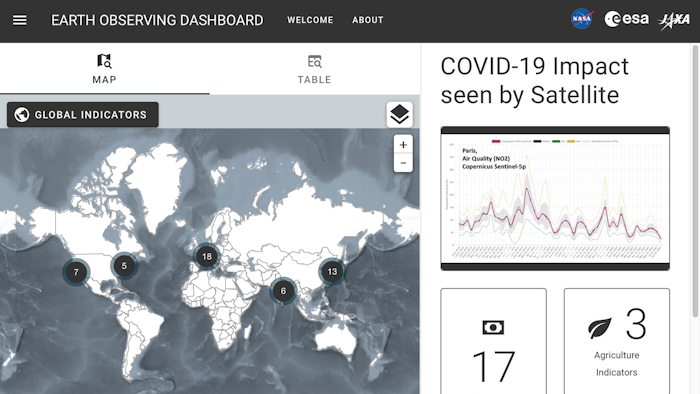This image captured on Thursday, June 25, 2020 shows part of the website created by the space agencies of the U.S., Europe and Japan to show changes to Earth because of coronavirus lockdowns. Using data from 17 satellites, it that serves as a global dashboard for temporary changes observed from orbit.