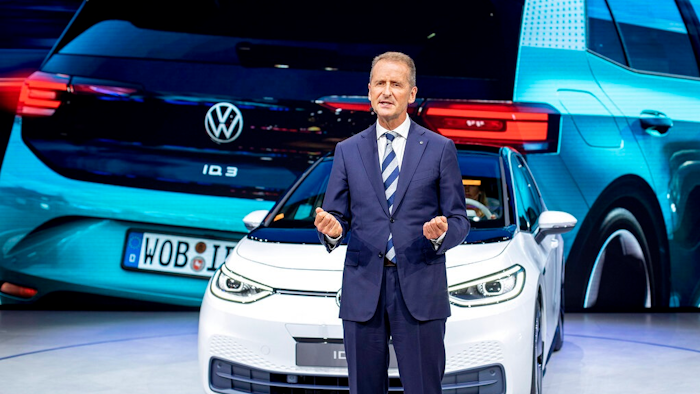 In this file photo dated Monday, Sept. 9, 2019, CEO of Volkswagen Herbert Diess introduces the new VW ID.3 at the IAA Auto Show in Frankfurt, Germany. The German automaker Volkswagen said Monday June 8, 2020, that CEO Herbert Diess is giving up managing the company’s core VW brand in order to concentrate more on the group as a whole.