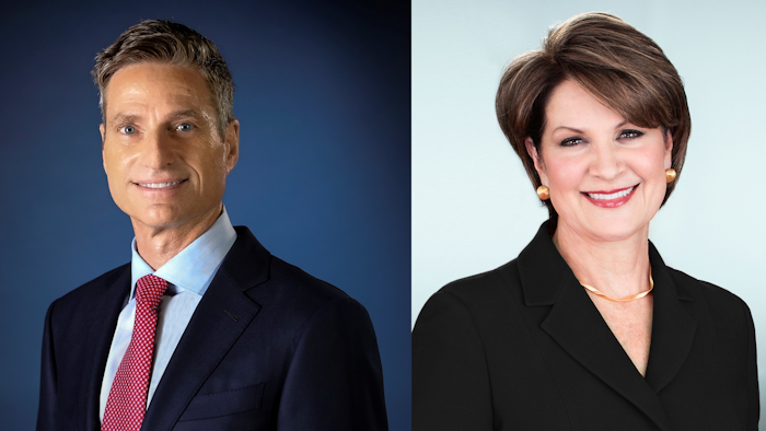 James D. Taiclet (left) succeeds Marillyn A. Hewson (right) as president and CEO of Lockheed Martin.