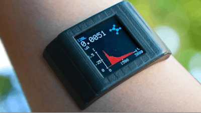 The underside of this custom-built smartwatch contains a double-sided adhesive that can detect metabolites and nutrients present in body sweat.