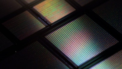 A close-up view of a new neuromorphic “brain-on-a-chip” that includes tens of thousands of memristors, or memory transistors.