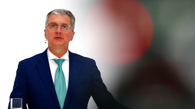 In this Thursday, March 15, 2018 file photo, Rupert Stadler, CEO of German car producer Audi, briefs the media during the annual press conference in Ingolstadt, Germany.