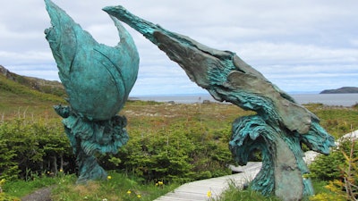 ‘The Meeting of Two Worlds,’ a sculpture at L'Anse aux Meadows, commemorates the meeting of Vikings and Native Americans around the year 1000.